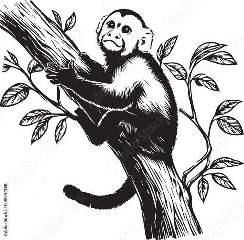 Capuchin Monkey Simple Black and White Vector Illustration