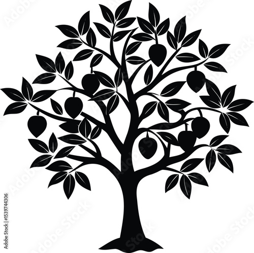 Black silhouette vector of a tree with leaves and hanging fruits