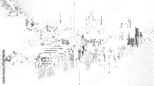 Abstract grayscale texture with varied patterns of dots lines and shapes creating a distressed grunge effect on a white background resembling a weathered surface or damaged digital print