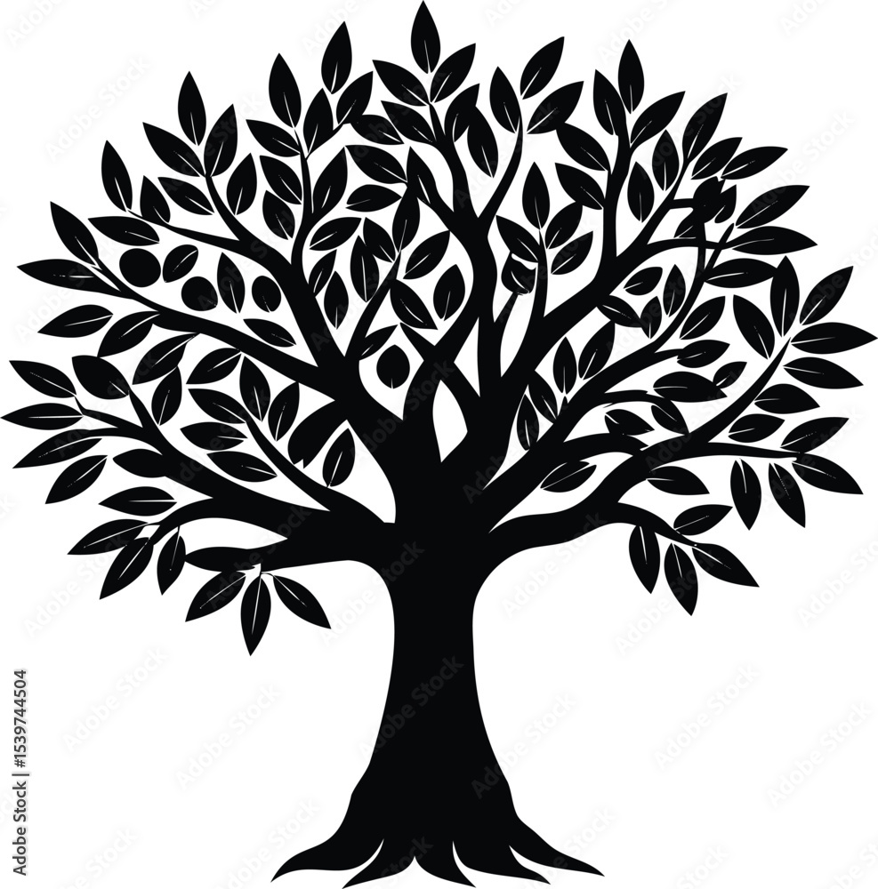 Obraz premium Silhouette of a flourishing fruit tree filled with leaves and fruit
