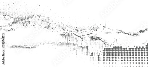 Abstract grayscale texture with varying densities of small dots lines and shapes creating a mottled effect resembling a distressed or aged surface with a halftone pattern in the