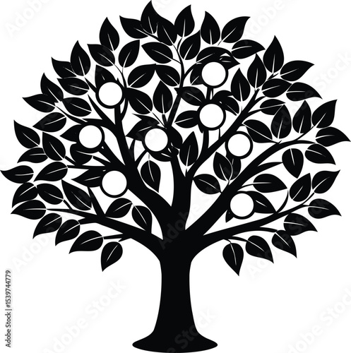 Black silhouette of a tree bearing fruit on a white background