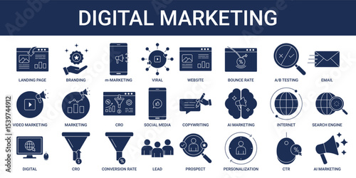 Digital Marketing icon set with landing page, CRO, CTR, bounce rate, AI marketing and A/B testing icon