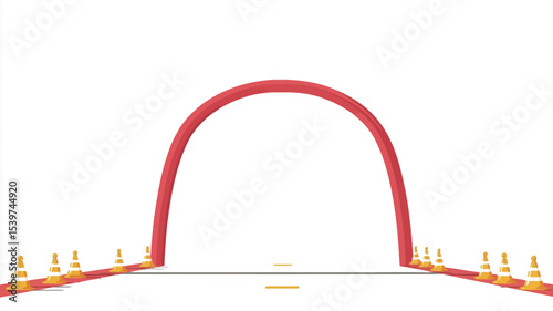 The image shows a digital illustration of a red inflatable archway. The arch is semi-circular and rests on a flat base.  On either side of the base are rows of small orange traffic cones