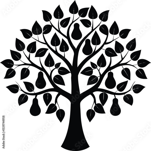 Black and white simple illustration of a fruit tree filled with pears