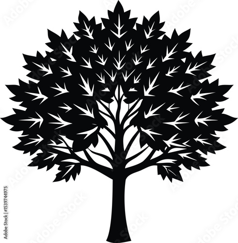 Black and white silhouette of a stylized maple tree with distinct leaves