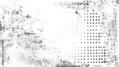 Abstract grayscale textured background featuring a mottled distressed effect with varying shades of gray and white a halftone pattern of dark gray circles on a white background