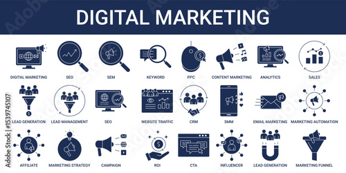 Digital Marketing icon set with SEO, SEM, PPC, SMM, CTA, marketing funnel, and marketing automation icon
