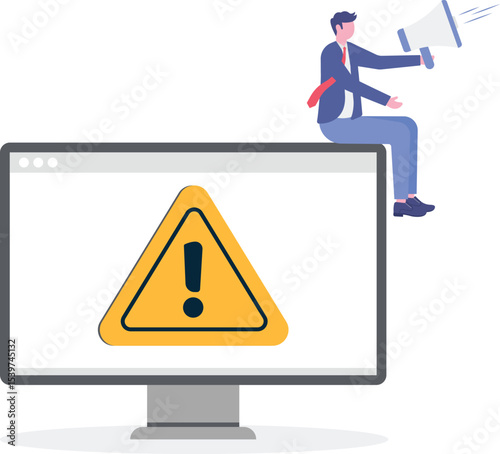 alert and beware concept, business people announce on megaphone with attention exclamation sign.
