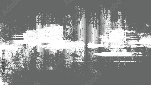 Abstract grayscale textured background with vertical lines and white distressed areas creating a layered effect resembling a cityscape or industrial landscape with a rough grunge