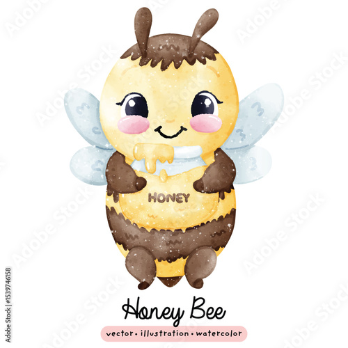 Cute kawaii honey bee in watercolor style vector illustration