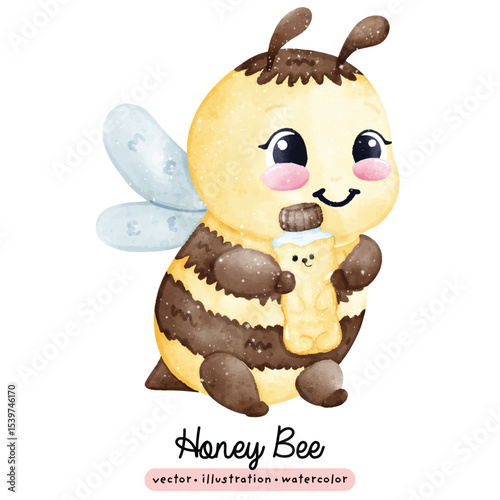 Cute kawaii honey bee in watercolor style vector illustration