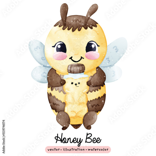 Cute kawaii honey bee in watercolor style vector illustration