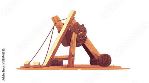 A digital illustration depicting a wooden trebuchet, a type of siege engine, set against a white background. The trebuchet is rendered in a stylized, almost cartoonish manner with a simplistic