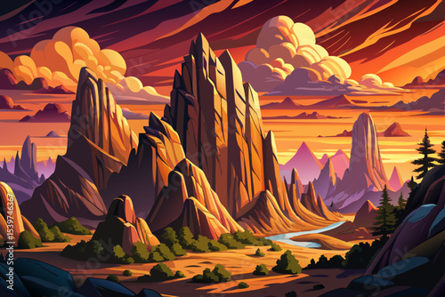 Majestic rocky cliffs silhouetted against a dramatic sunset sky stunning nature vector illustration for adventure, landscape, or travel themes with vivid colors and depth