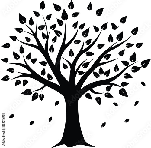 Monochrome Silhouette of a Tree with Leaves Falling, Isolated on White