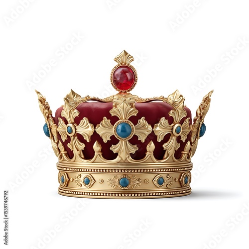Ornate gold royal crown with red and blue gems isolated on white background