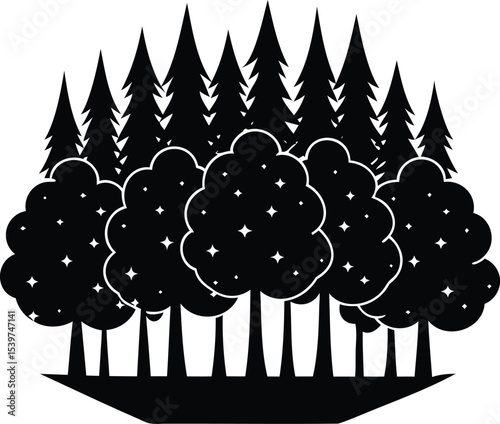 Stylized forest illustration of coniferous trees and trees with star shapes