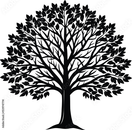 Black and white vector image of a tree with dense foliage