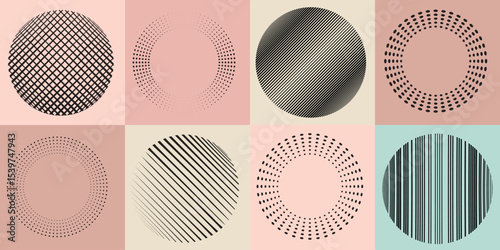 Lines and dots in Circle Form .Rotate rounded shape Vector Illustration .Rotating dots form a circle .Rotating design element . Various lines forming round shape . Abstract Geometric line art .