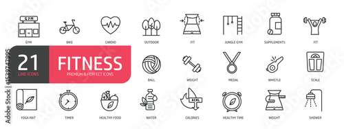 Set of line icons related to gym, bike, cardio, supplements, calories. Outline icons collection. Editable stroke. Vector illustration.