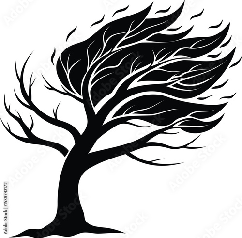 Silhouette of a windswept tree with leaves and branches in motion