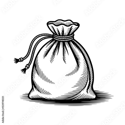 Drawstring bag illustration with detailed shading and textured fabric