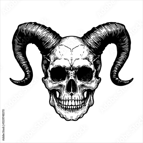 Vector black and white hand drawn vintage horned skull