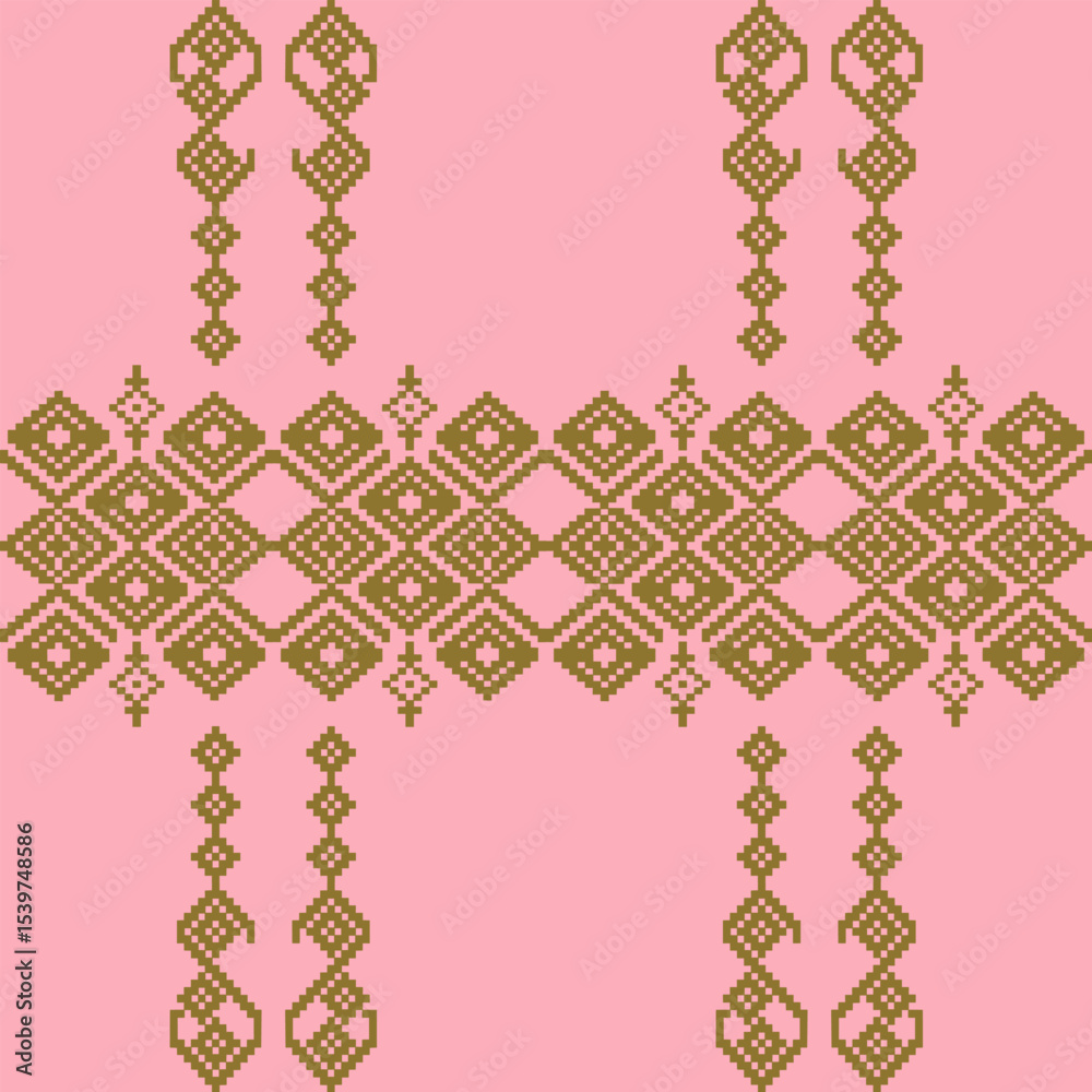 Fototapeta premium An elegant and traditional Songket Padang textile pattern geometric motifs in a warm golden-brown on a soft pink background. Classic Indonesian design symmetrical borders traditional weaving artistry
