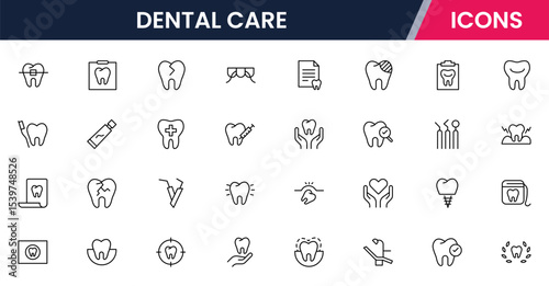 Crisp vector web line icons depicting dental care, tools, oral health, dentistry procedures, and professional dental wellness services.