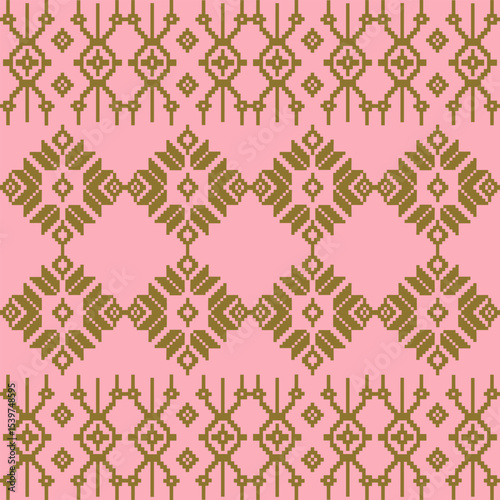 An elegant and traditional Songket Padang textile pattern  geometric motifs in a warm golden-brown on a soft pink background. Classic Indonesian design symmetrical borders traditional weaving artistry
