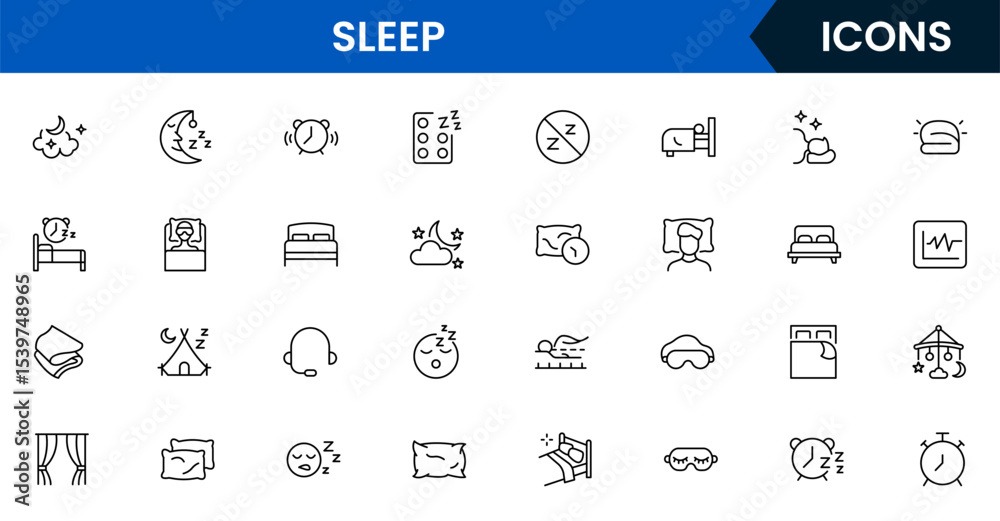 Fototapeta premium Soothing vector web line icons depicting sleep, beds, pillows, rest, relaxation, and wellness for healthy sleep routines and comfort.