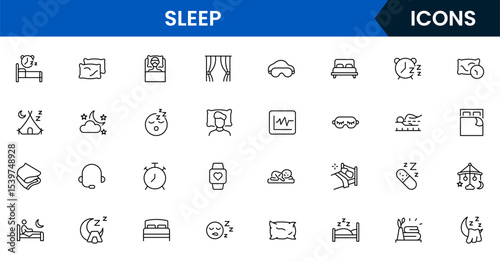 Soothing vector web line icons depicting sleep, beds, pillows, rest, relaxation, and wellness for healthy sleep routines and comfort.