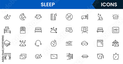 Soothing vector web line icons depicting sleep, beds, pillows, rest, relaxation, and wellness for healthy sleep routines and comfort.