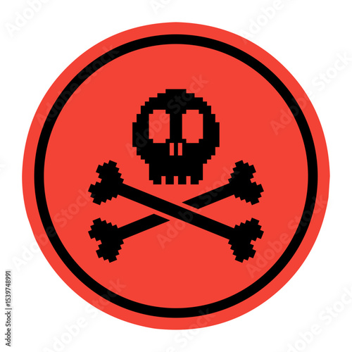 Circle warning sign featuring a pixelated black skull and crossbones symbol. The icon has a retro 8-bit style and is used to indicate danger, poison, or hazardous material.