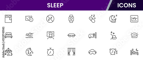 Soothing vector web line icons depicting sleep, beds, pillows, rest, relaxation, and wellness for healthy sleep routines and comfort.