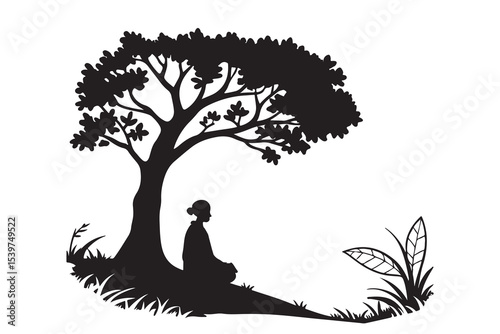 Meditation Silhouette Vector – Person Sitting Under Tree in Peaceful Pose