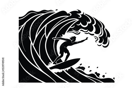 "Surfer Silhouette Vector – Riding the Ocean Wave in Action Pose"