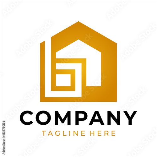 The logo design combines the letter b and a house, using gold color.