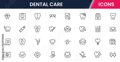 Crisp vector web line icons depicting dental care, tools, oral health, dentistry procedures, and professional dental wellness services.