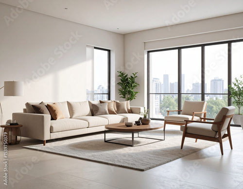Modern Living Room Interior Design: Sunlit, minimalist living room showcasing a beige sectional sofa, wooden armchairs, and a low coffee table on a beige rug, large windows overlooking city skyline.