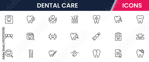 Crisp vector web line icons depicting dental care, tools, oral health, dentistry procedures, and professional dental wellness services.