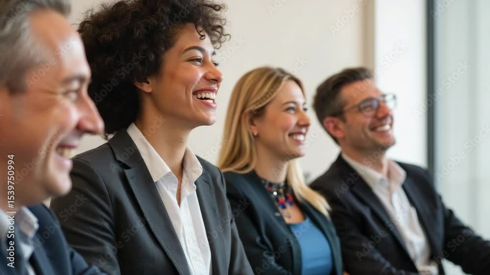 Diverse professionals smiling during a business meeting indoors Diverse professionals smiling during a business meeting indoors