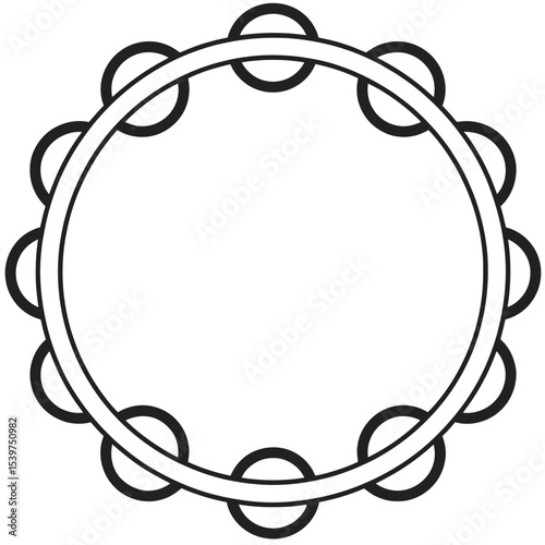 Black and White Vector Illustration of a Tambourine Musical Instrument percussion