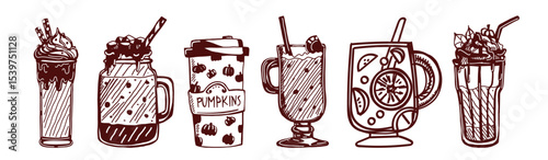 vector illustration of various festive drinks cocktails, champagne, and fruity beverages with garnishes. Perfect for menus, posters, and celebration-themed designs.