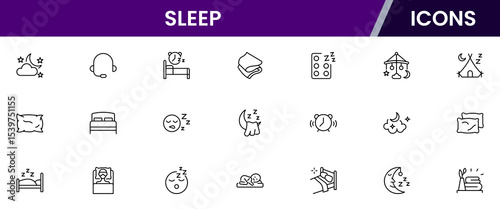 Soothing vector web line icons depicting sleep, beds, pillows, rest, relaxation, and wellness for healthy sleep routines and comfort.