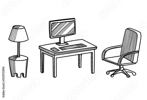 furniture including desk, chair, and lamp suitable for interior design projects