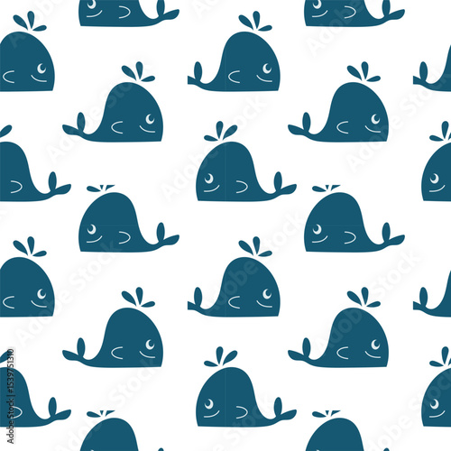 Whimsical seamless vector pattern featuring playful whales in a navy blue hue on a light background, ideal for various design projects