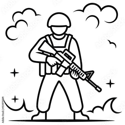 Black And White Vector Illustration Soldier Rifle Smoke Clouds military army 1
