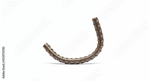 Bent rod isolated on white background, old deformed metal, surface texture, side perspective